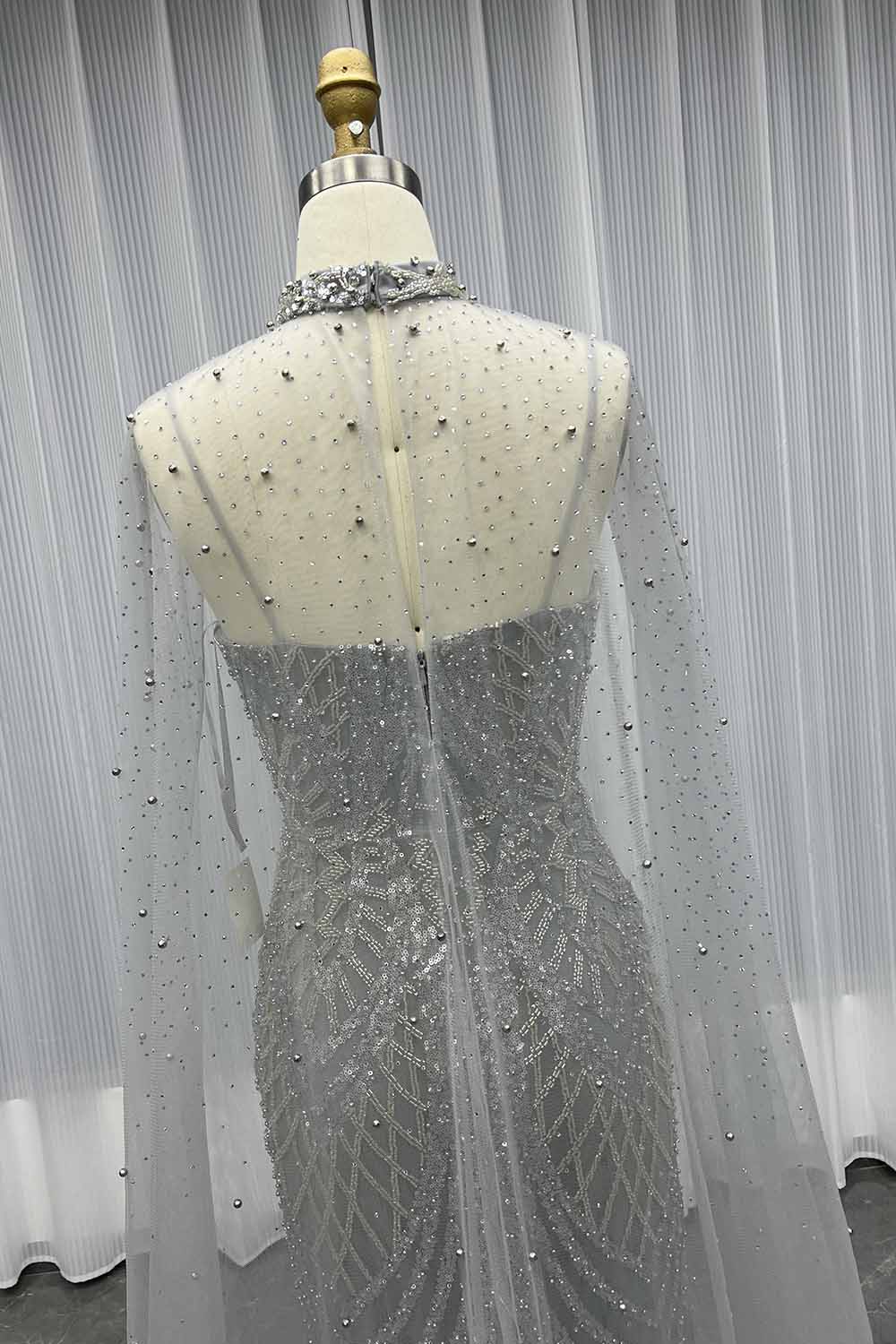YQLNNE 17009 Silver Straps Long Evening Dress With Cape