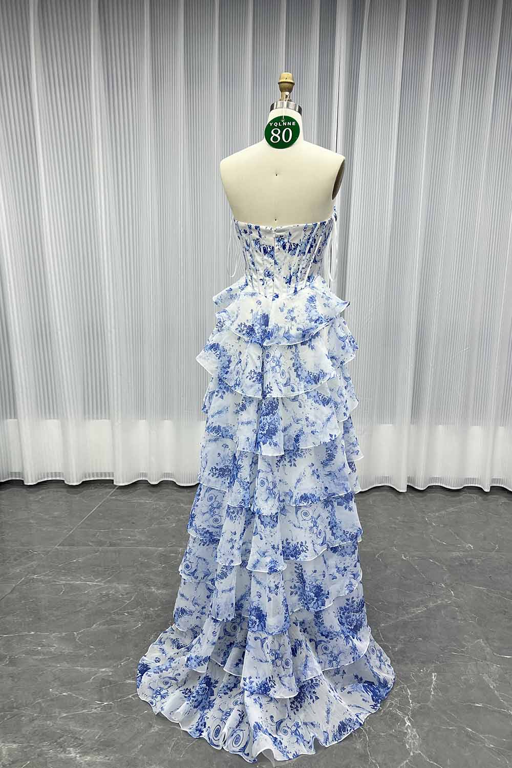 YQLNNE 080 Blue Printing Flowers Prom Dresses Long Slit Pink Party Dress