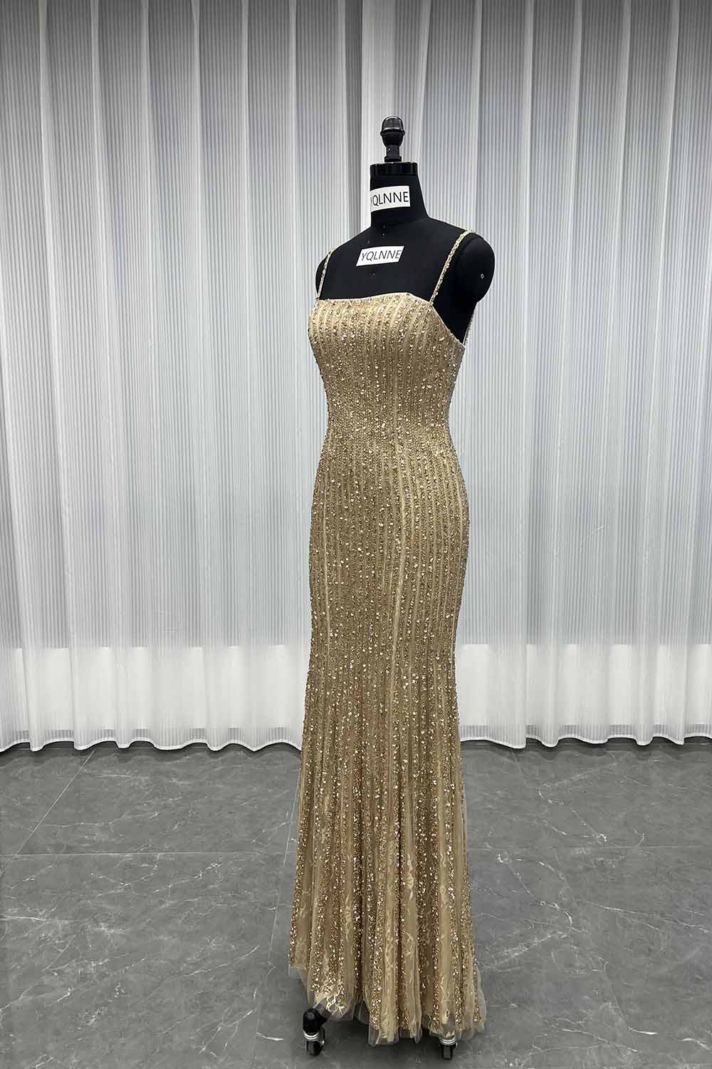 YQLNNE 051 Luxury Gold Crystals Beaded Evening Gown Formal Women Party Dress With Cape