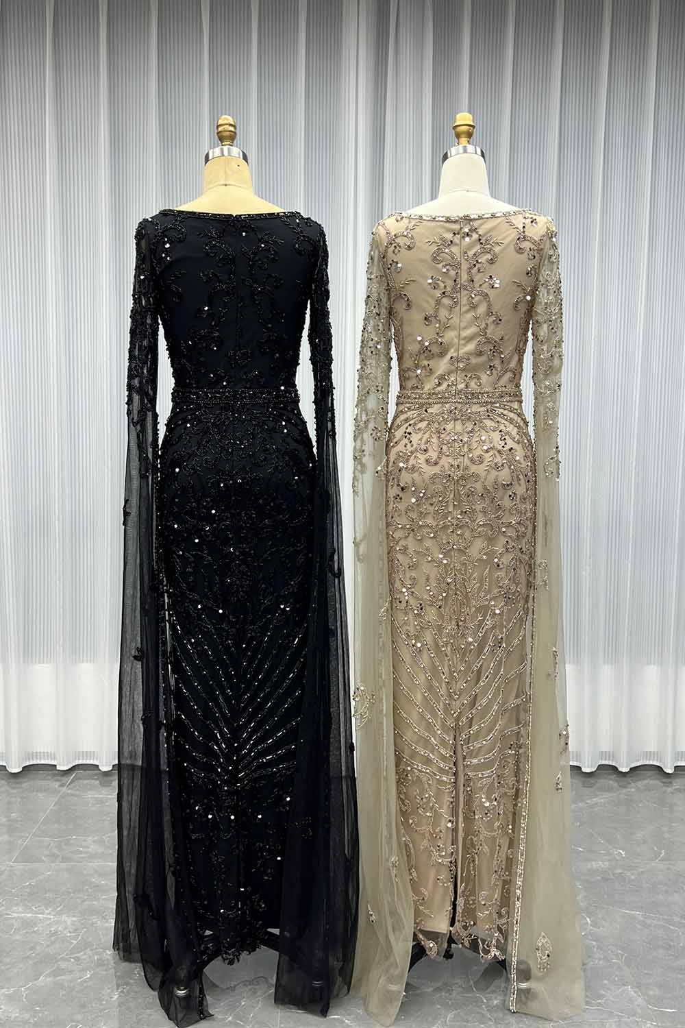 YQLNNE Modest Black Square Collar Crystals Beaded Evening Dress With Long Sleeves