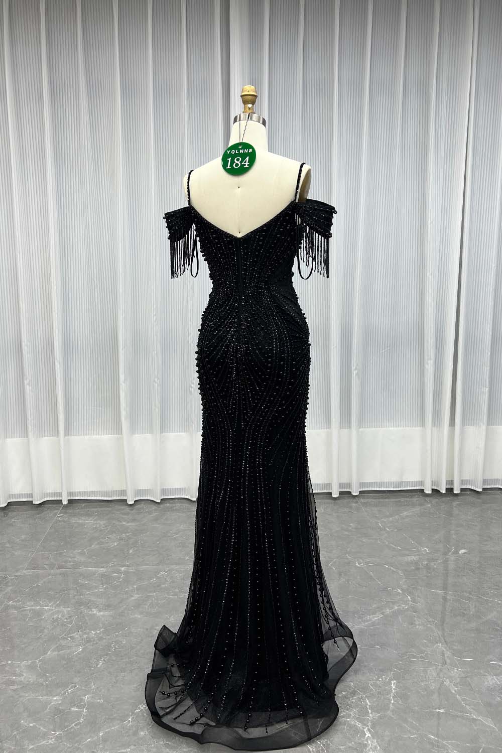 YQLNNE 0184 Black Beaded Mermaid Long Evening Dress Prom Gown
