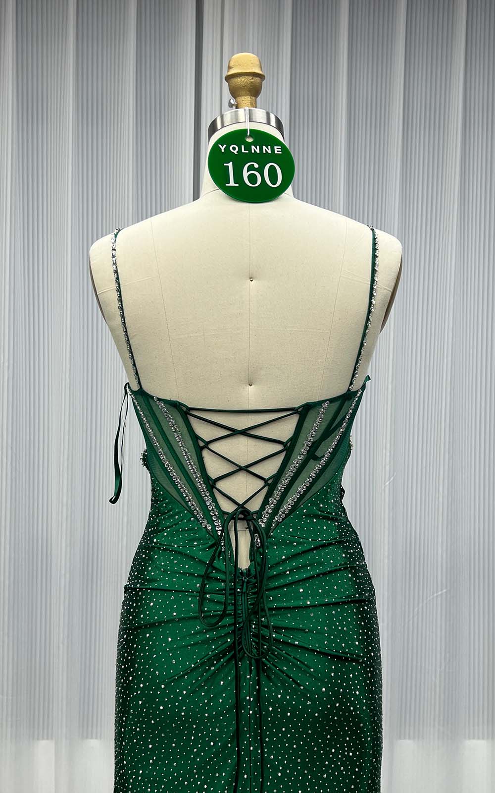 YQLNNE 0160 Dark Green Crystals Beaded Long Prom Dress Lace-up