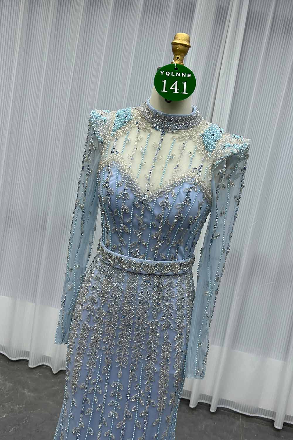 YQLNNE 0141 Modest Pink Full Sleeves Evening Dress Handmade Beaded Pearls Muslim Formal Gown