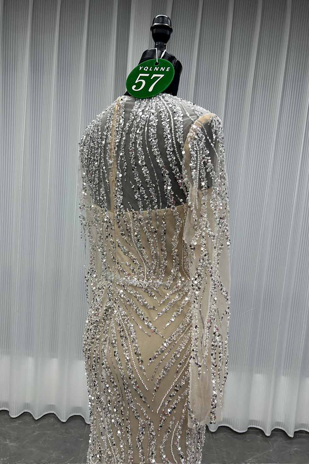 YQLNNE 057 Modest White Pearls Long Sleeves Evening Dress Wedding Party Gown