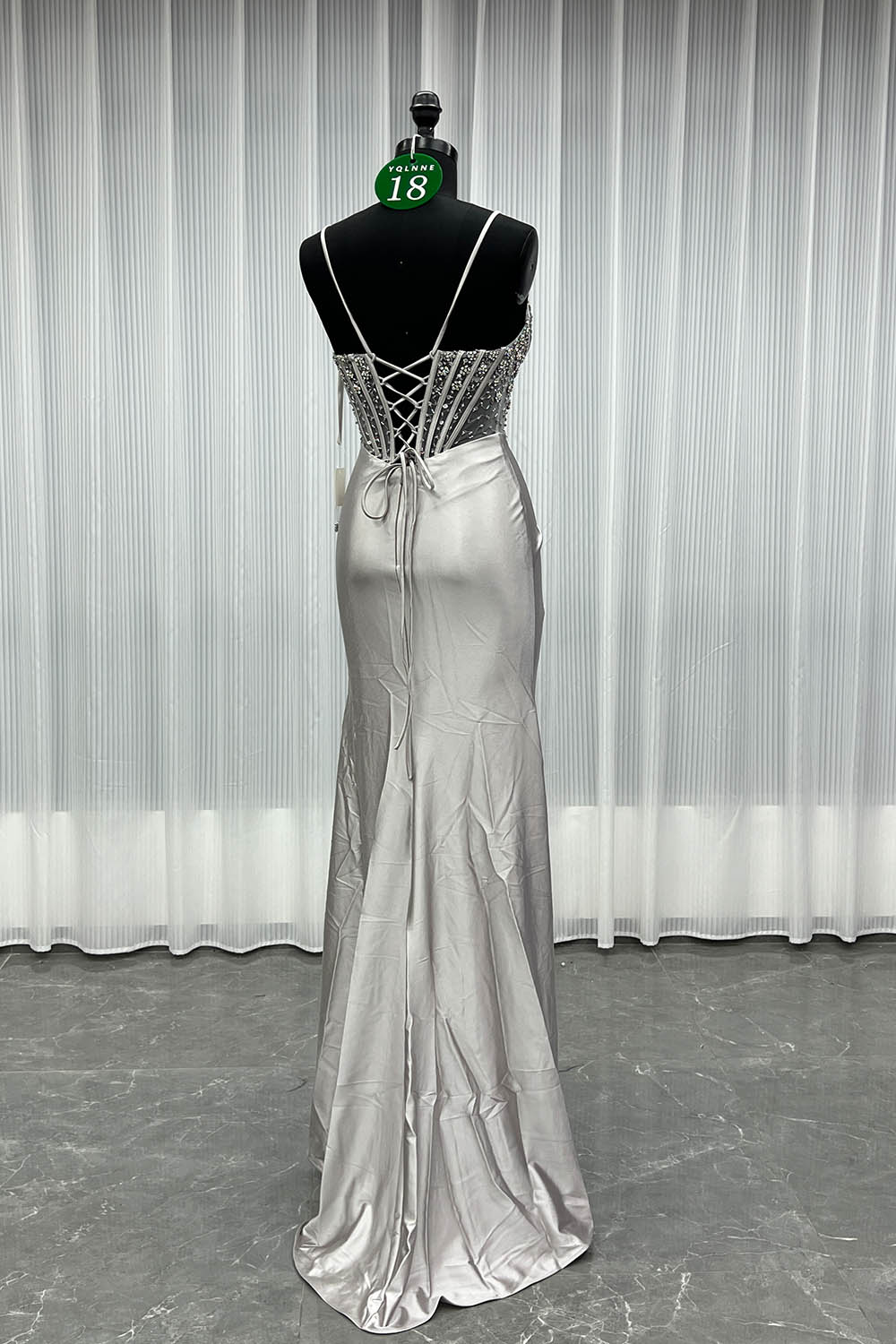 YQLNNE 018 Black Crystals Slit Prom Dresses Long Satin Evening Gown Lace-up