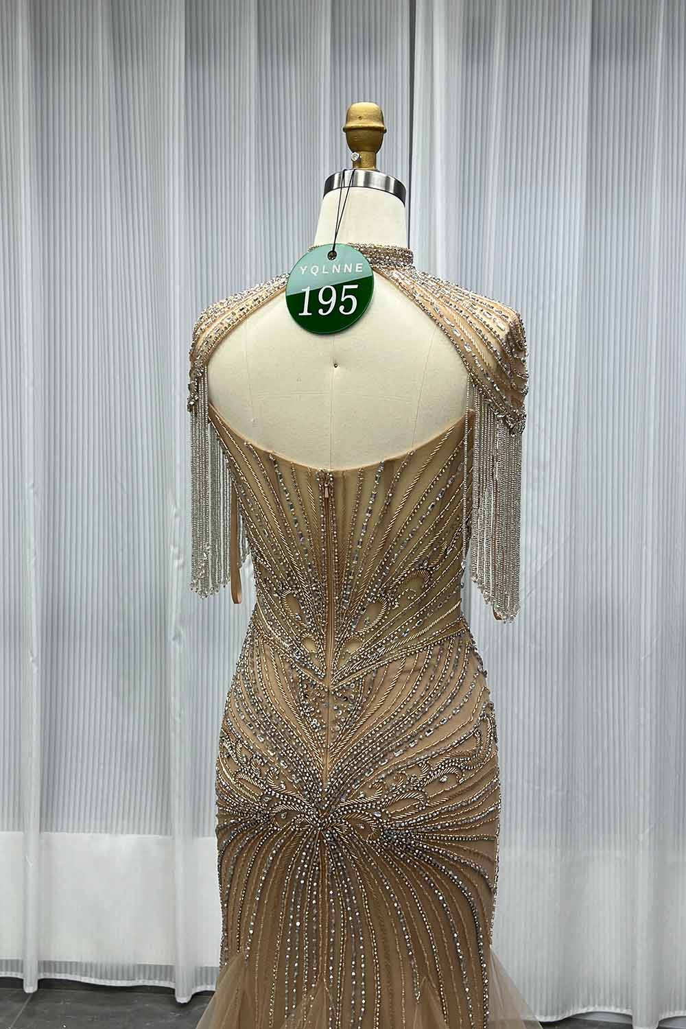 YQLNNE 0195 Luxury Gold Crystals Evening Party Gown With Necklace
