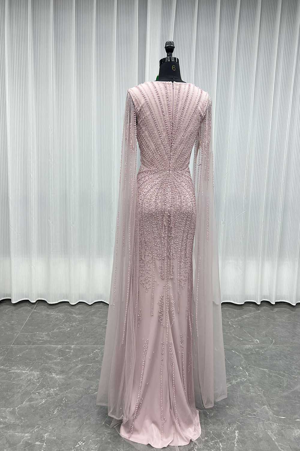 YQLNNE 061 Modest Pink Rhinestones Evening Dress With Shawl