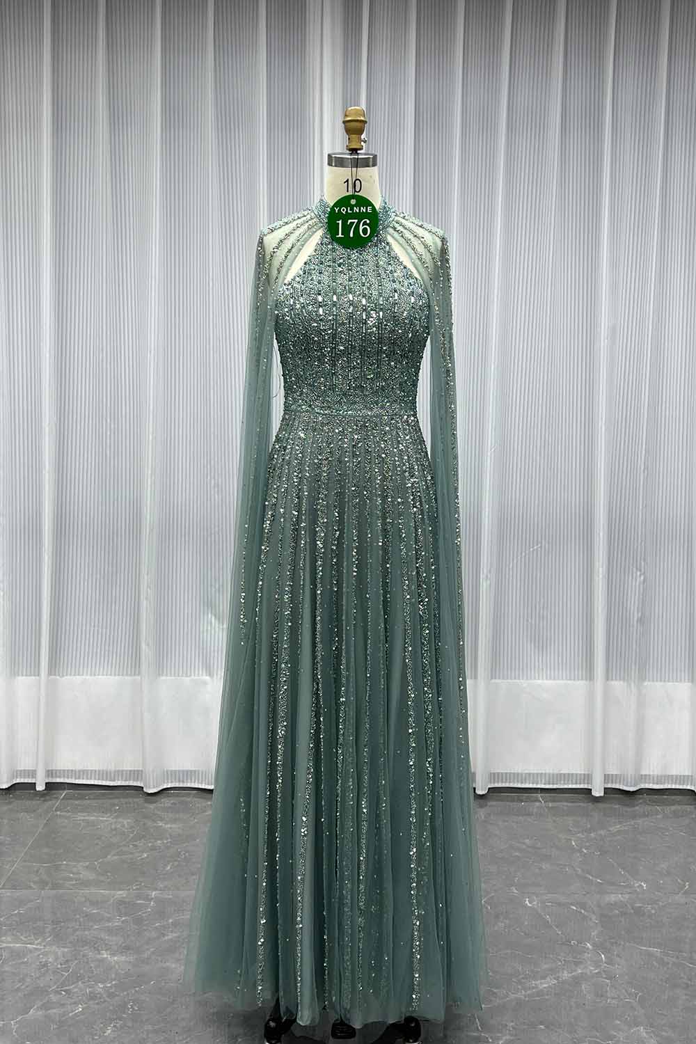 YQLNNE 0176 Sparkly Sage Crystals Evening Dress With Crystals Beaded Cape Sleeves