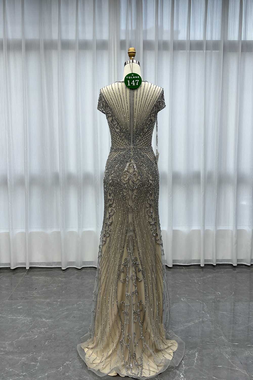 YQLNNE 0147 Silver Nude Crystals Beaded Evening Dress With Cap Sleeves