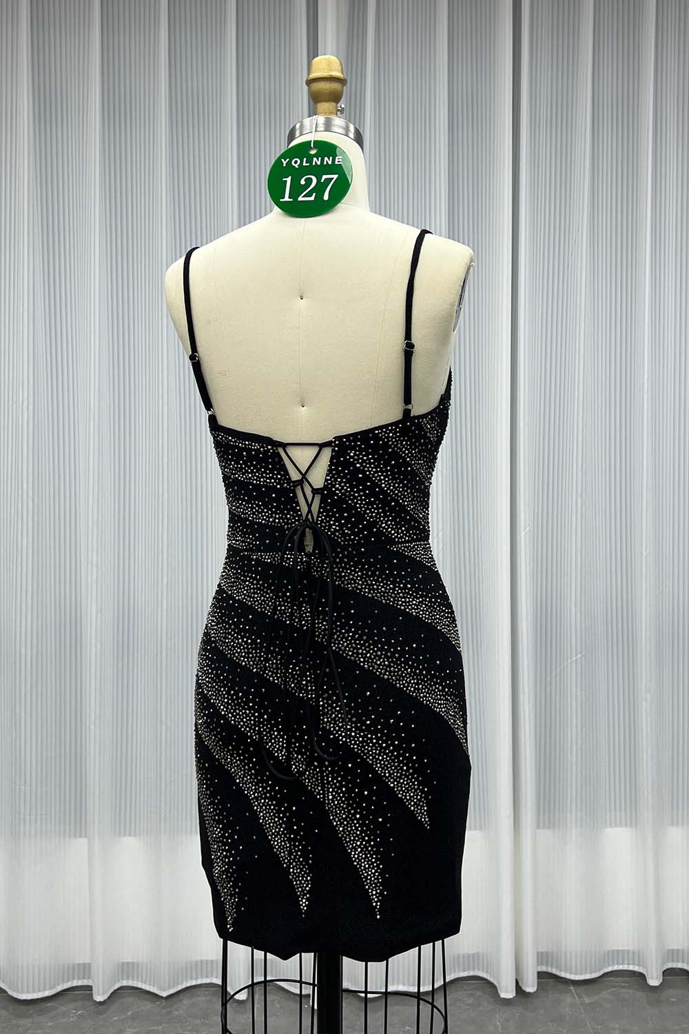 YQLNNE 0127 Black Short Mini Cocktail Dress Crystals Party Gown