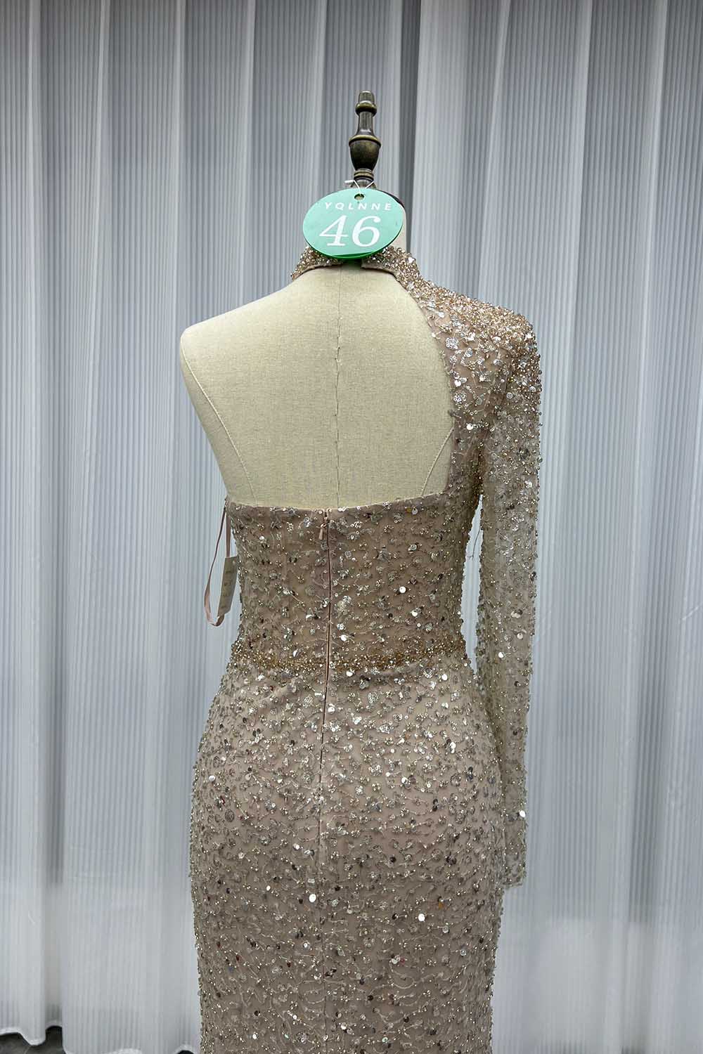 YQLNNE 046 Nude One Shoulder Crystals Evening Dress Long Sleeve Mermaid Formal Gown