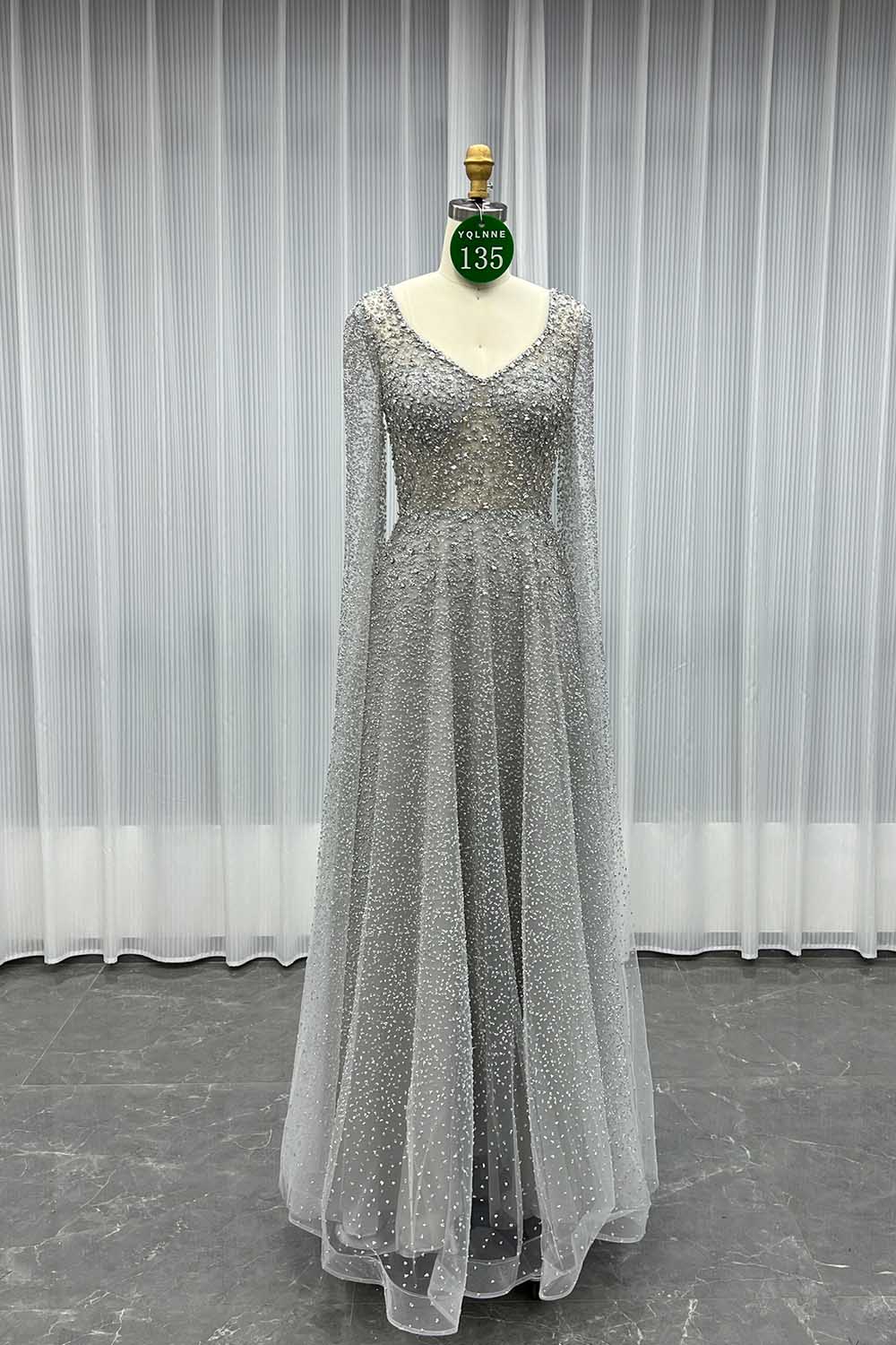 YQLNNE 0135 Sparkly Silver Crystals Evening Dresses Cape Sleeves Long Aline Formal Women Party Gown