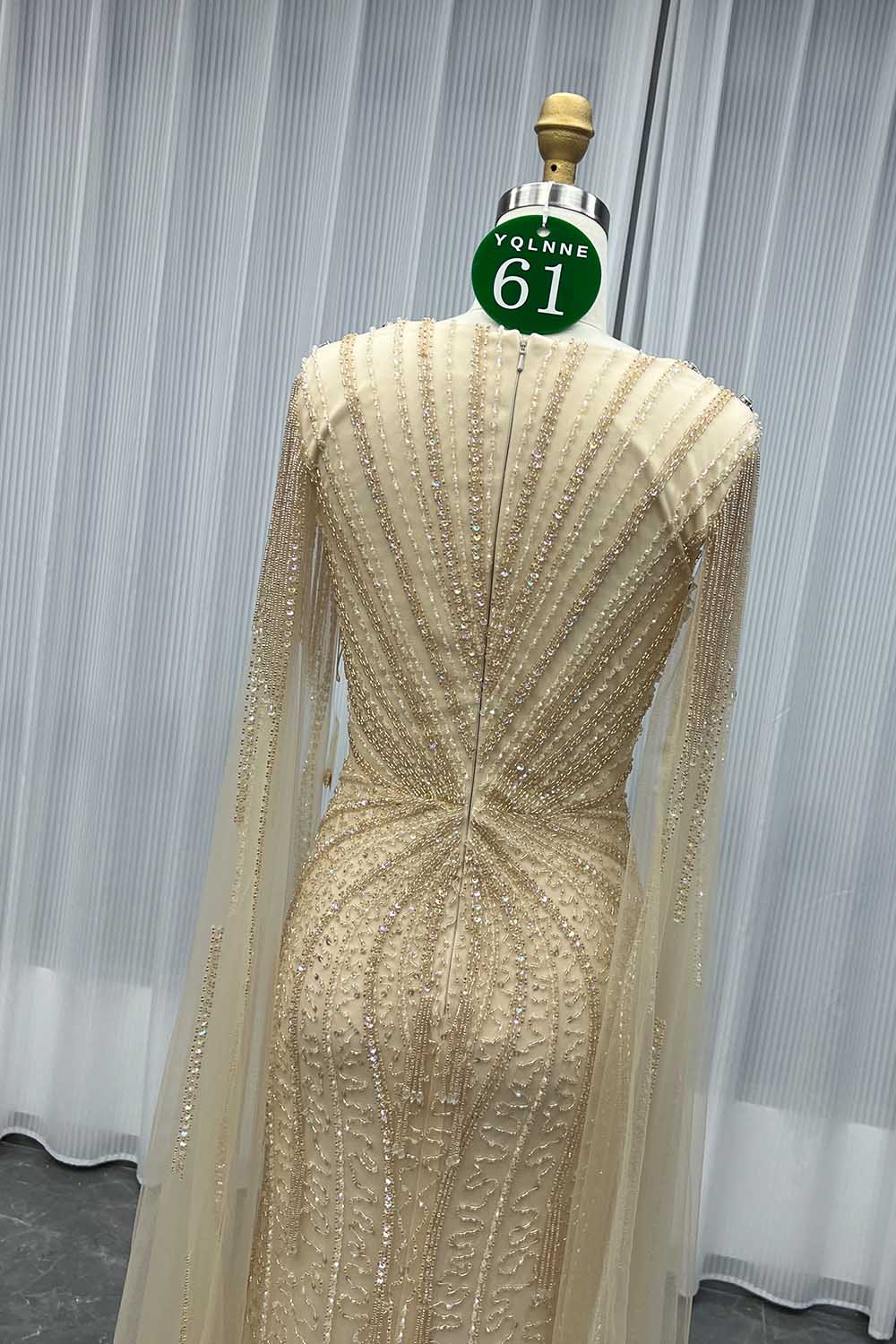YQLNNE 061 Champagne Handmade Crystals Beaded Evening Dress With Cape Sleeves