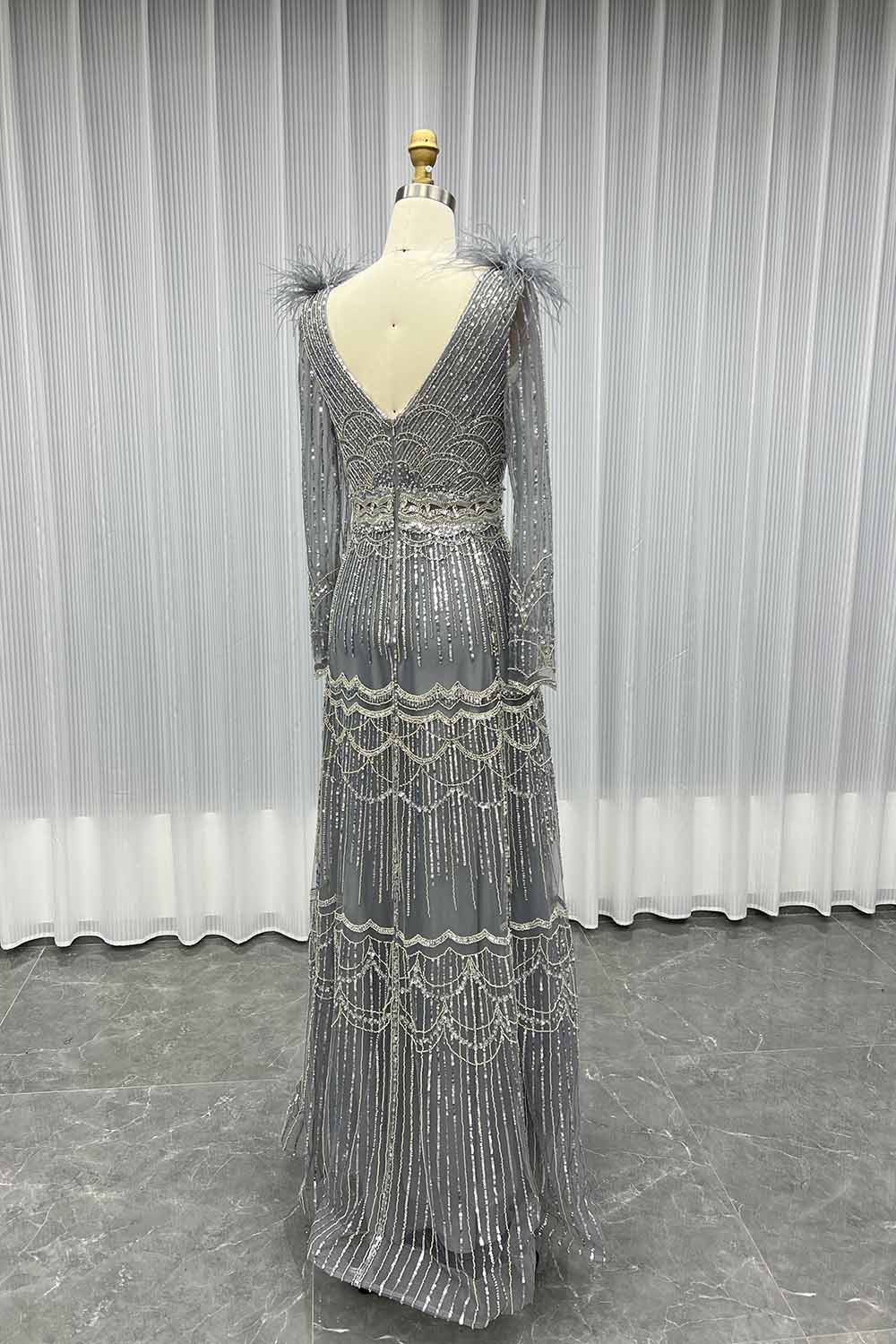 YQLNNE 17007 Muslim Feathers Evening Dress Long Sleeve Women Party Gown