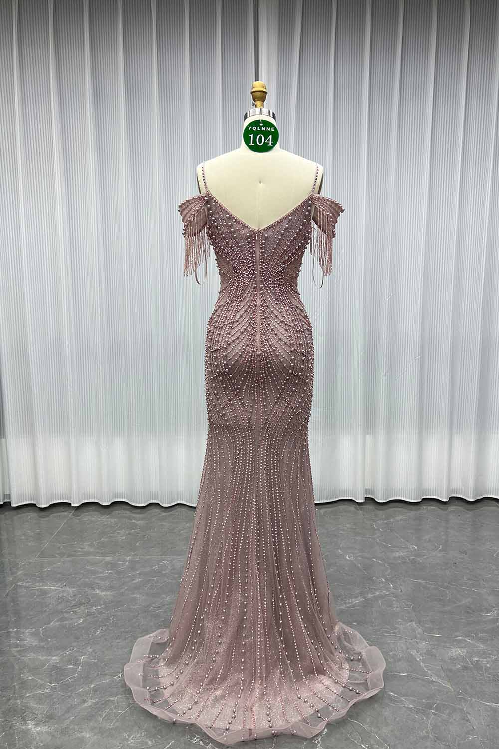 YQLNNE 0104 Pink Off Shoulder Evening Party Gown Handmade Pearls Beaded