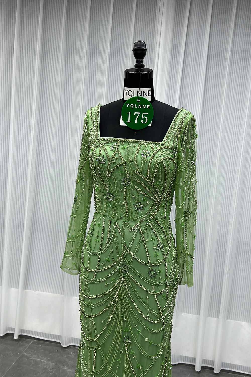 YQLNNE 0175 Nude Square Collar Crystals Beaded Evening Dress With Long Sleeves