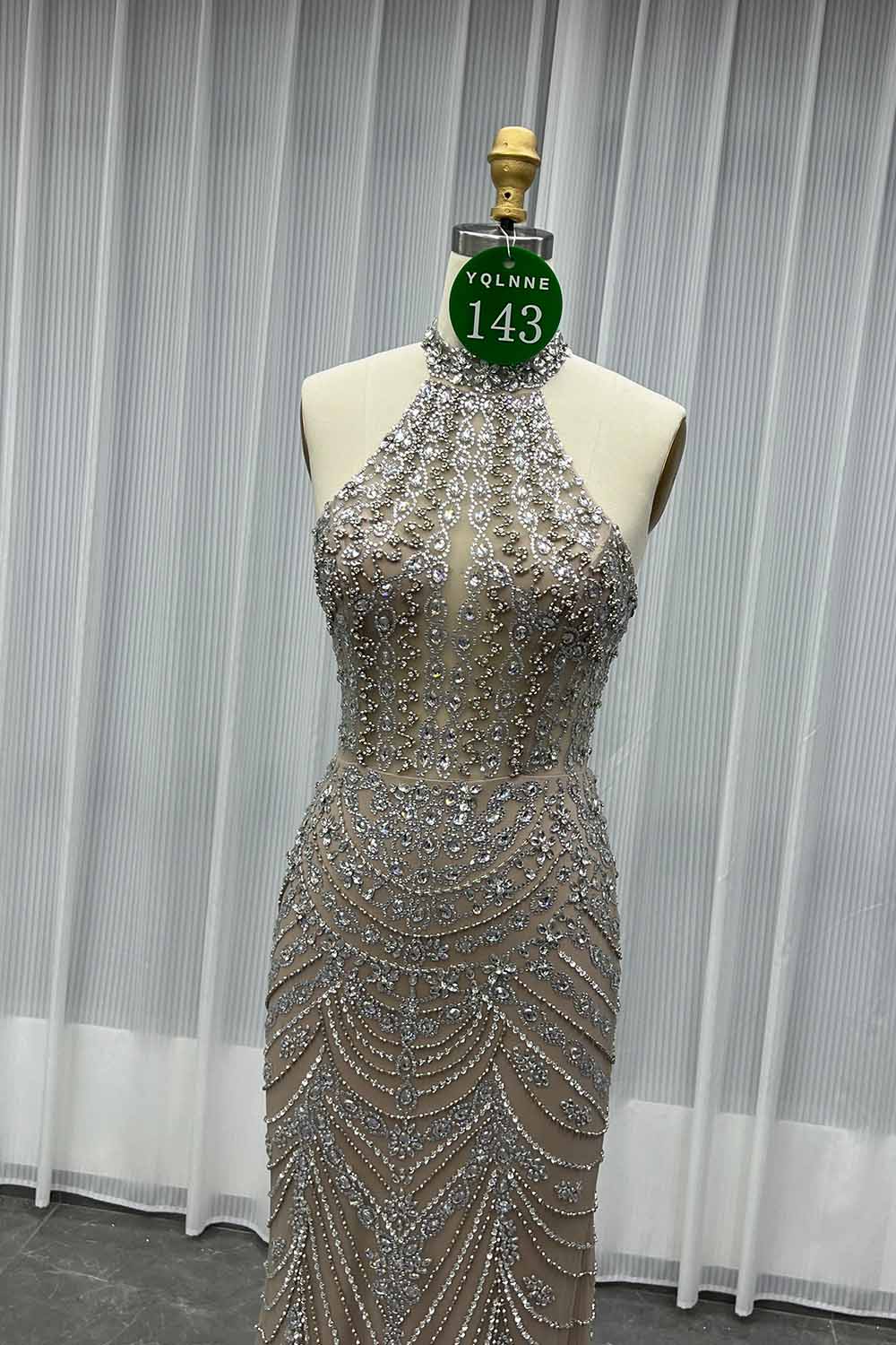 YQLNNE 0143 Red Crystals Beaded Evening Dress Halter Lace-up Back