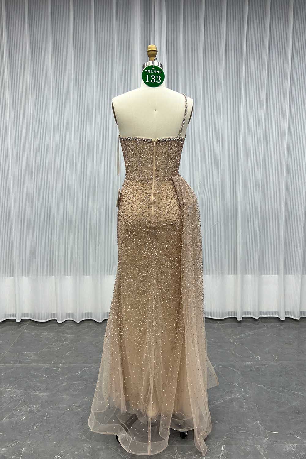 YQLNNE 0133 Rose Gold One Shoulder Crystals Evening Dress With Side Skirt
