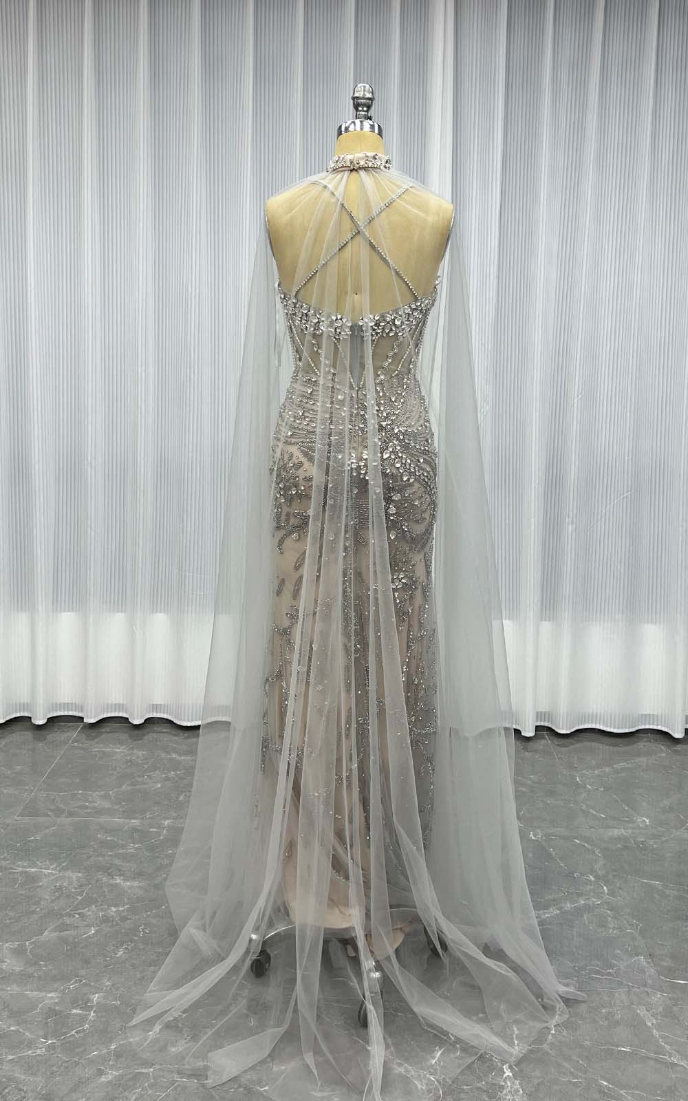 YQLNNE 066 Silver Nude Rhinestones Long Evening Dress Mermaid Party Dress With Cape