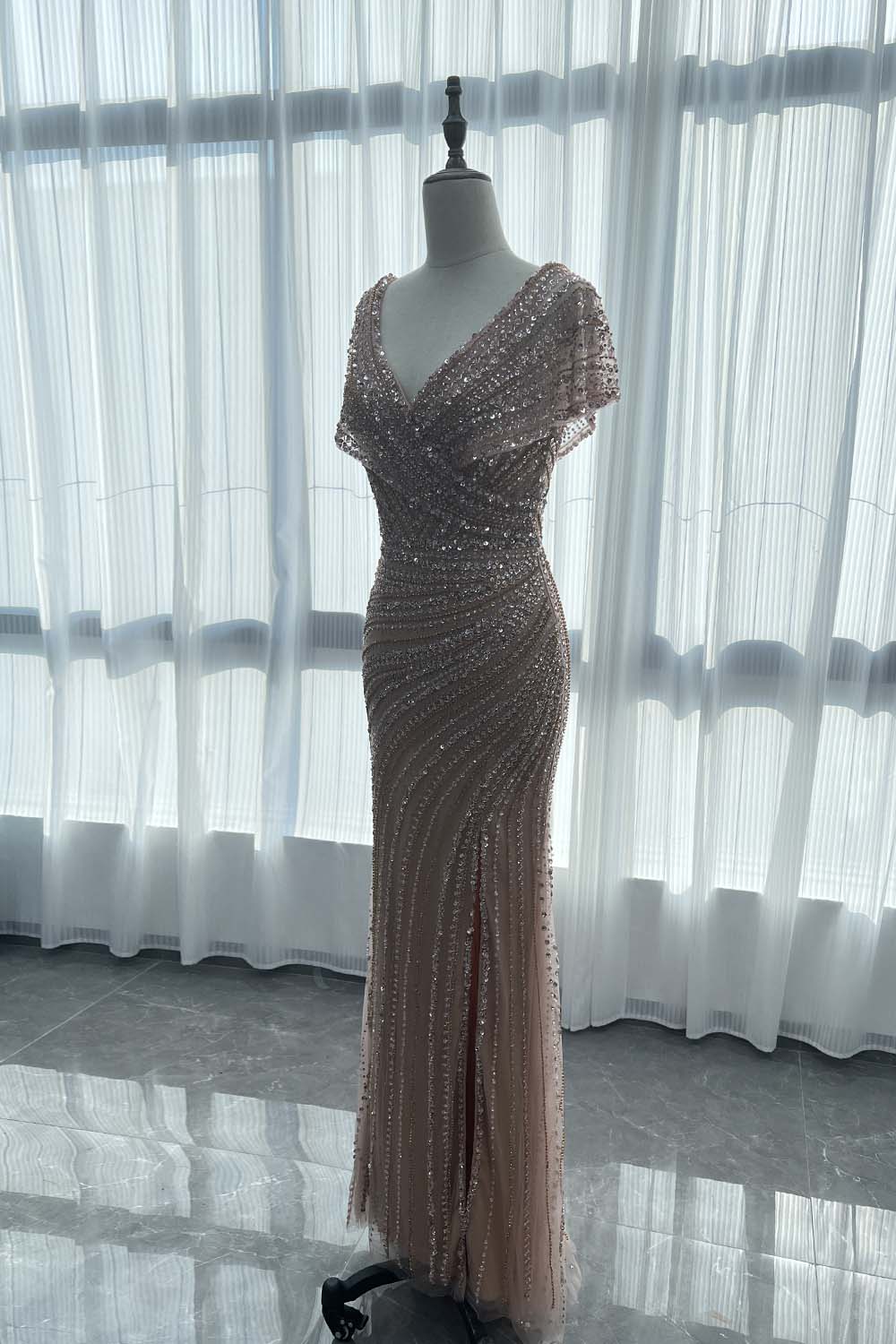 YQLNNE 065 Rose Gold Crystals Evening Dress Formal Women Party Gown Mermaid