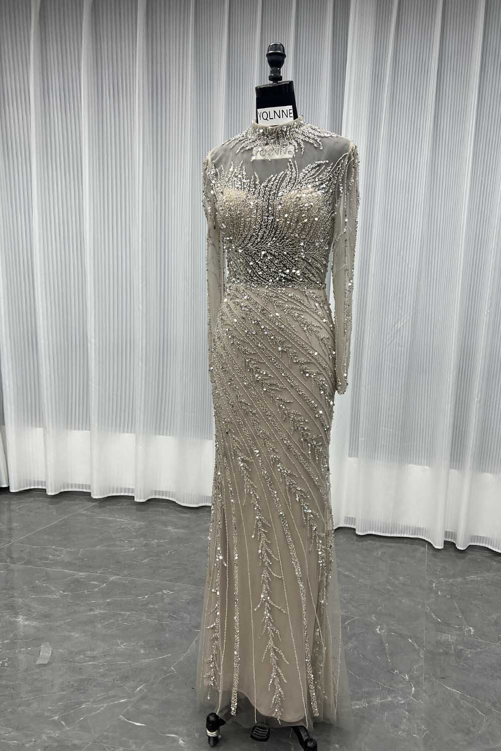 YQLNNE 052 Nude Long Sleeves Beaded Evening Dress With Removable Skirt