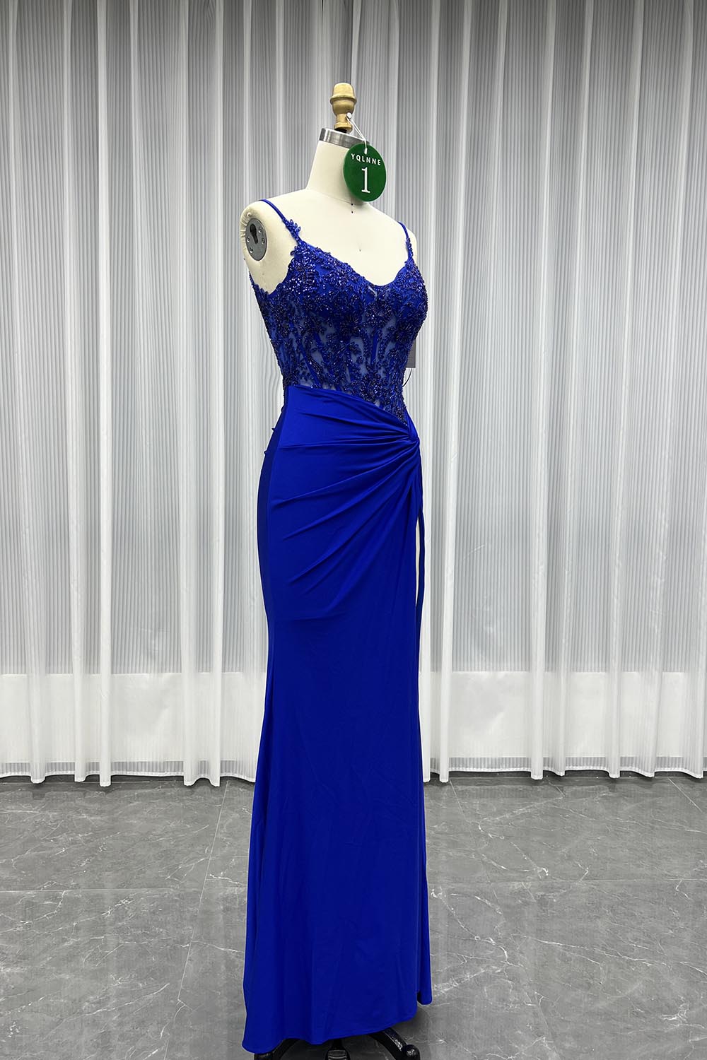 YQLNNE 01 Navy Spaghetti Long Slit Prom Dress With Beading
