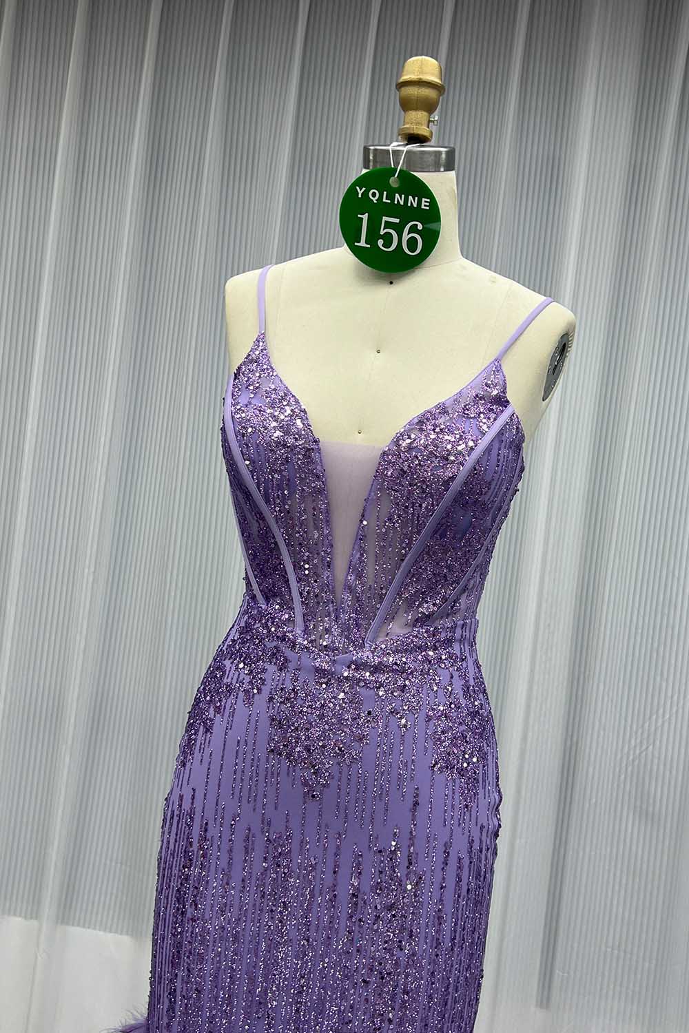 YQLNNE 0156 Sparkly Green Glitter Feathers Prom Dresses Lace-up Party Gown