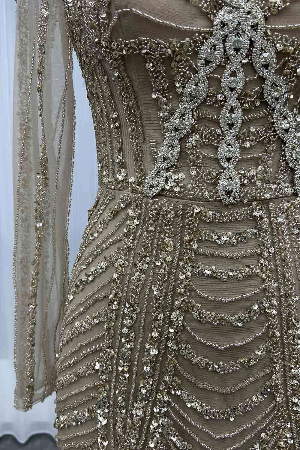 YQLNNE 0138 Pink Long Sleeves Evening Dress Handmade Heavy Crystals Beaded