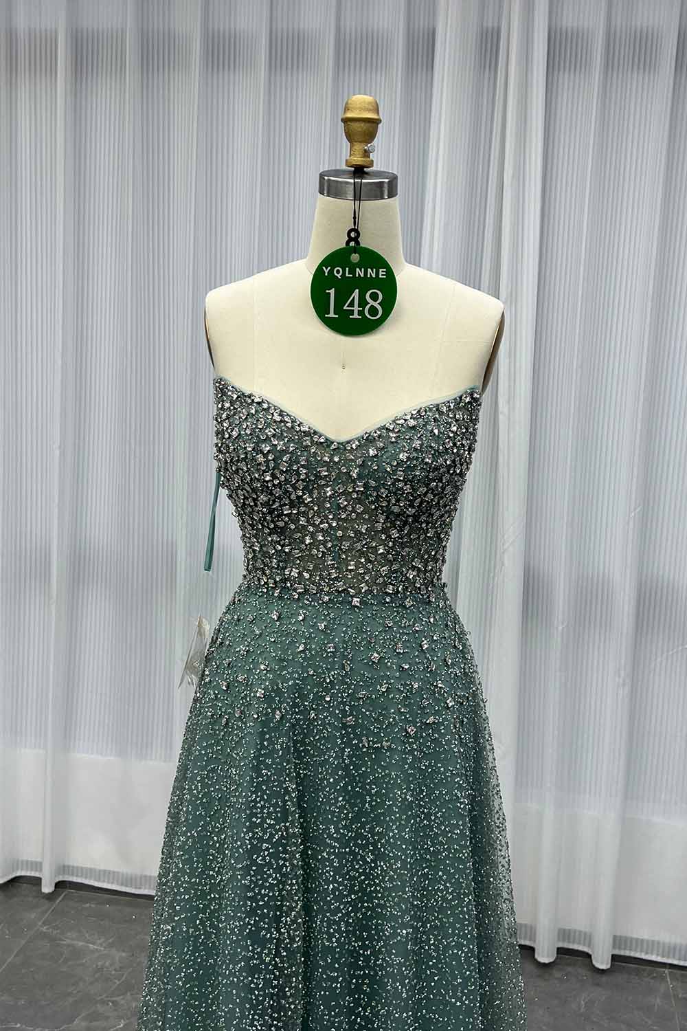 YQLNNE 0148 Black Glitter Crystals Long Prom Dress Aline