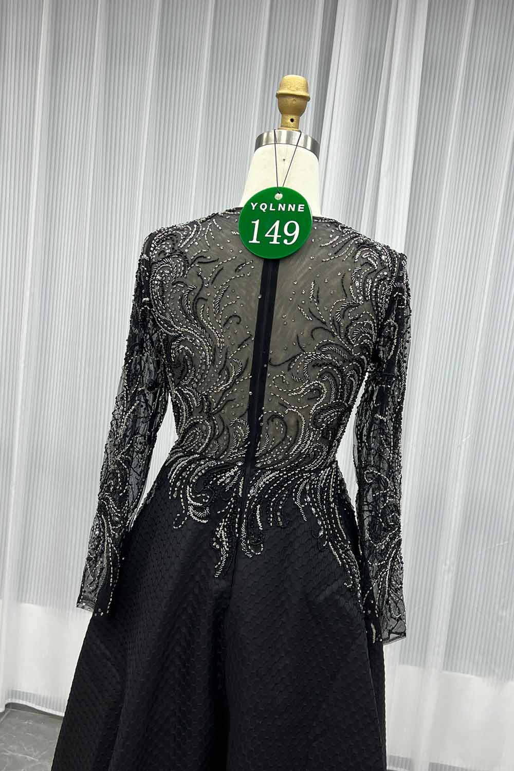 YQLNNE 0149 Black Crystals Beaded Tea-Length Evening Party Dress Full Sleeves