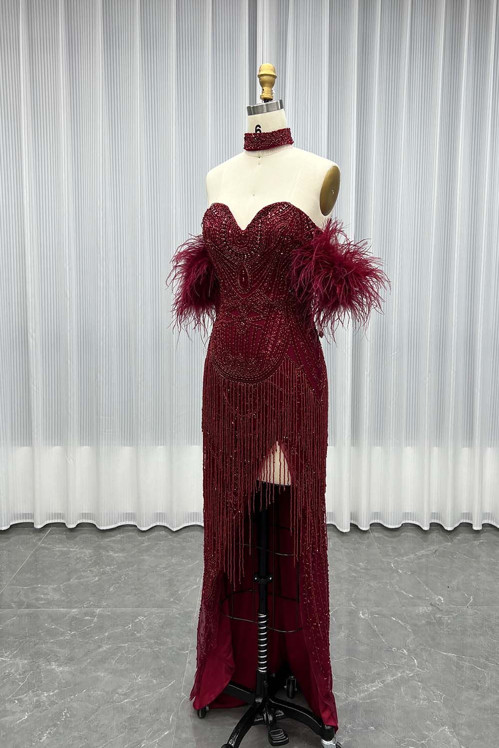 YQLNNE 035 Burgundy Feathers Slit Evening Dress With Handmade Crystals Beaded