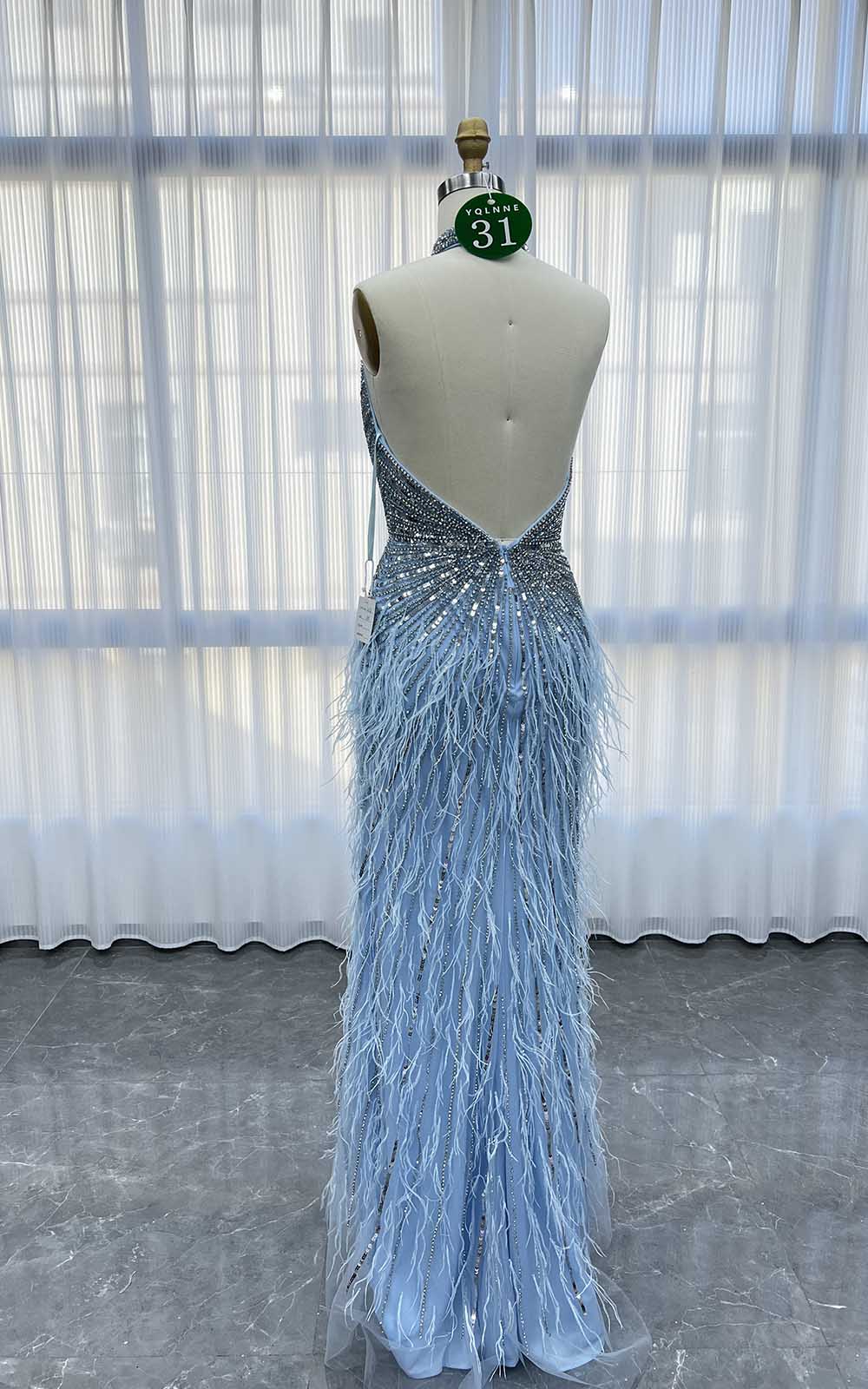 YQLNNE 031 Sky Blue Feathers Crystals Evening Dress Halter