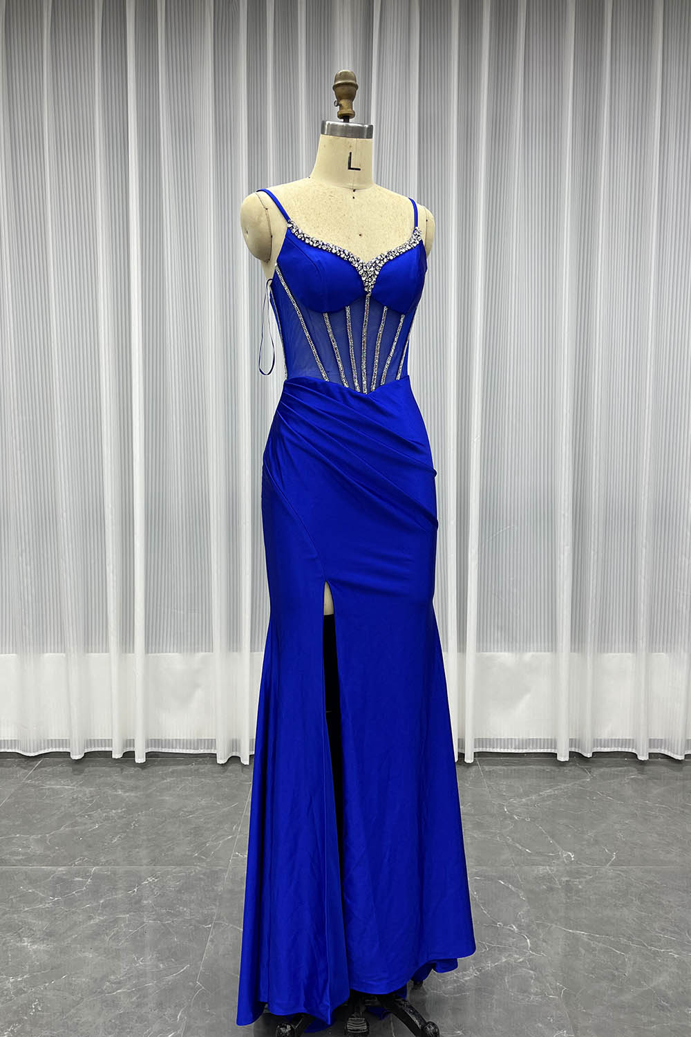 YQLNNE 015 Red Crystals Long Prom Dress Straps Satin Slit
