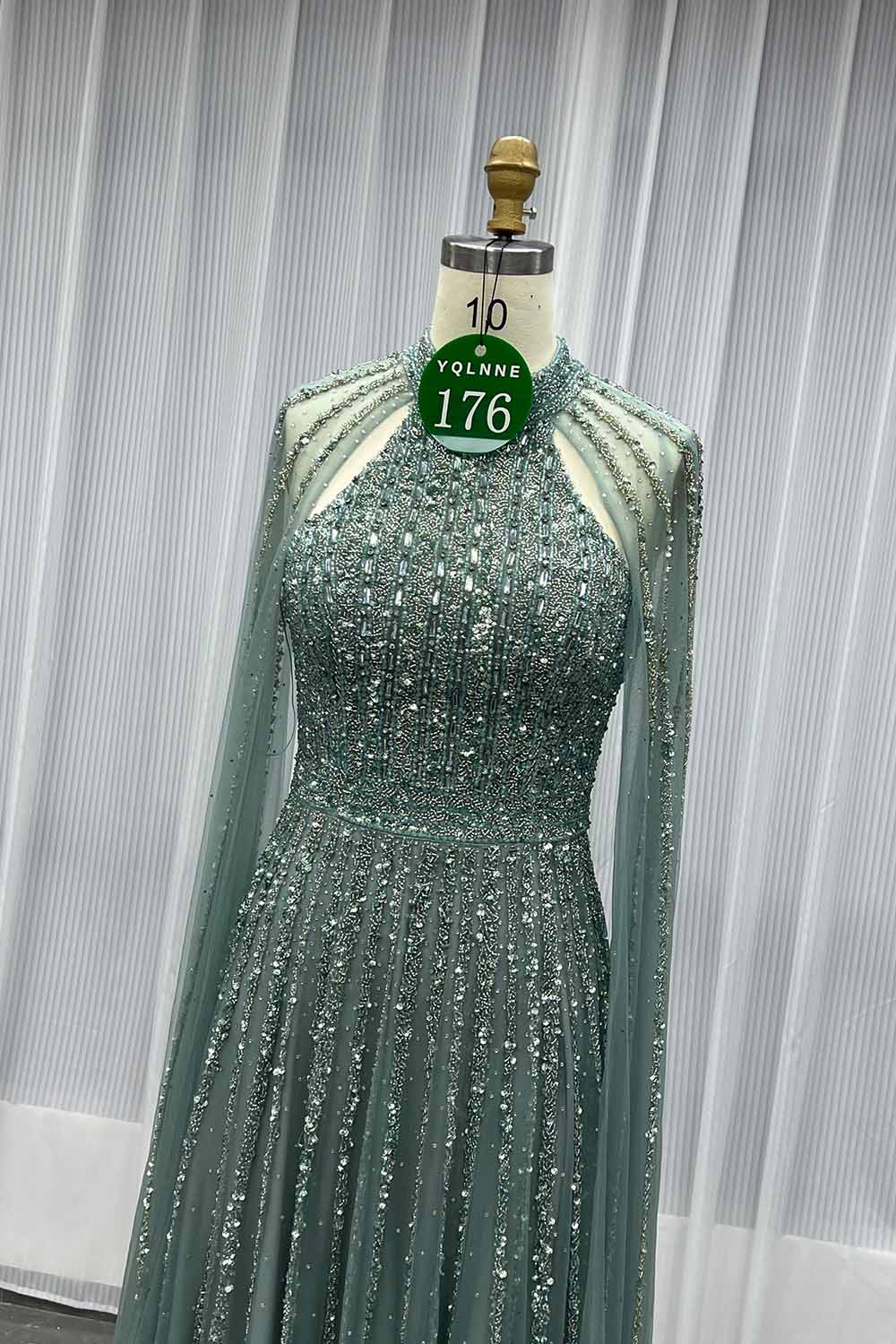 YQLNNE 0176 Sparkly Sage Crystals Evening Dress With Crystals Beaded Cape Sleeves
