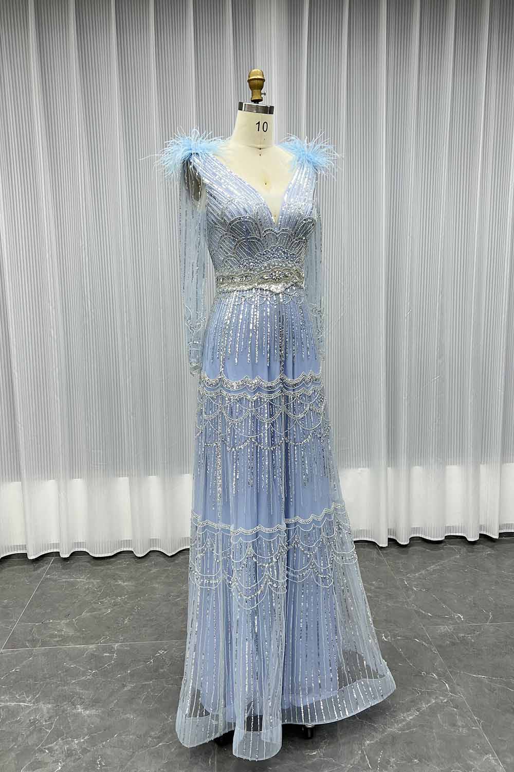 YQLNNE 17007 Muslim Feathers Evening Dress Long Sleeve Women Party Gown
