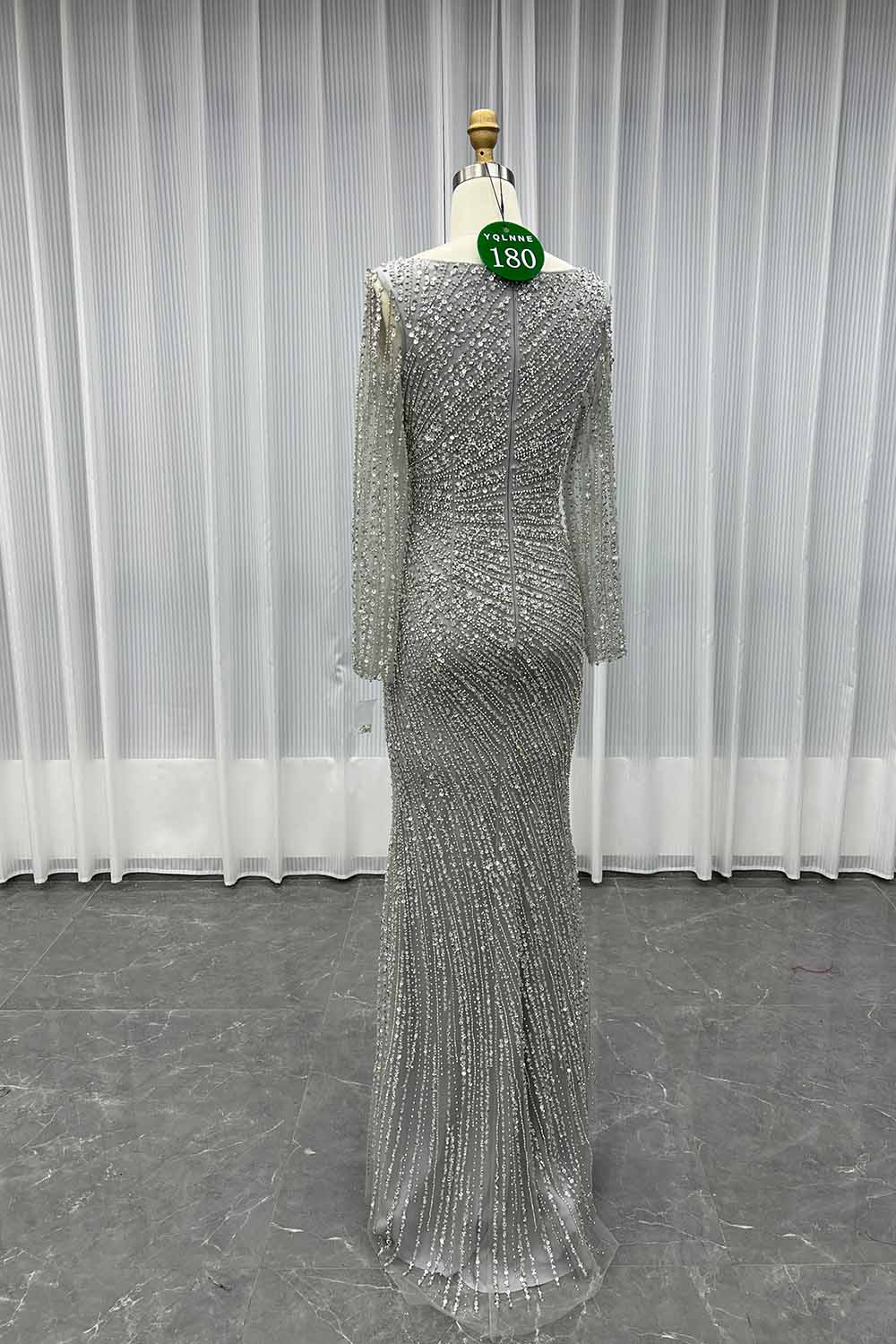 YQLNNE 0180 Silver Long Sleeves Evening Dress With Crystals Beaded