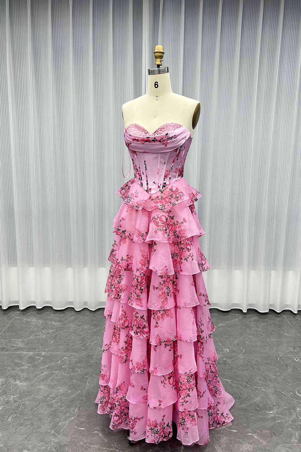 YQLNNE 080 Blue Printing Flowers Prom Dresses Long Slit Pink Party Dress