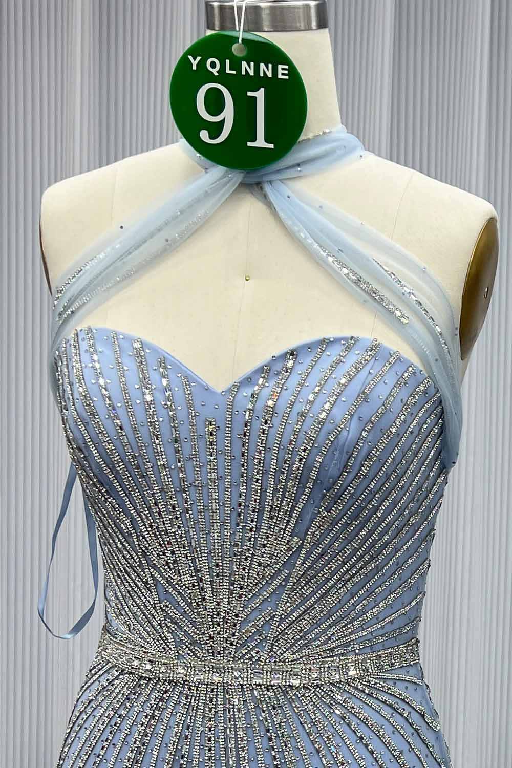 YQLNNE 091 Blue Crystals Long Prom Dress Halter
