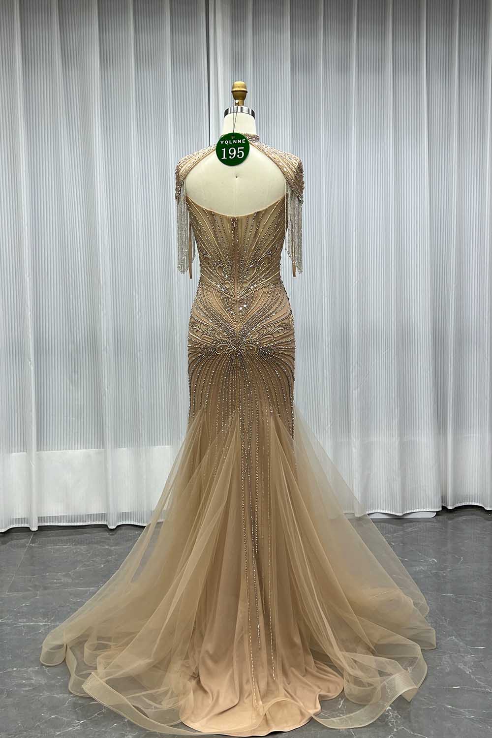 YQLNNE 0195 Luxury Gold Crystals Evening Party Gown With Necklace