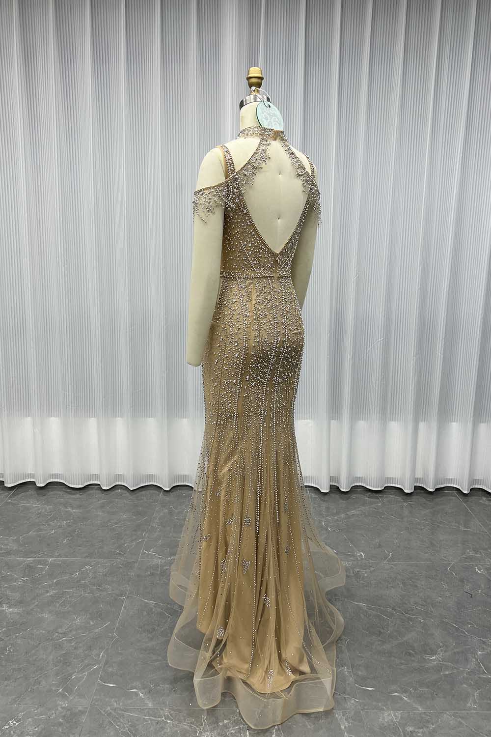 YQLNNE 026 Gold Off Shoulder Crystals Prom Dresses Long Beaded Formal Evening Party Gown