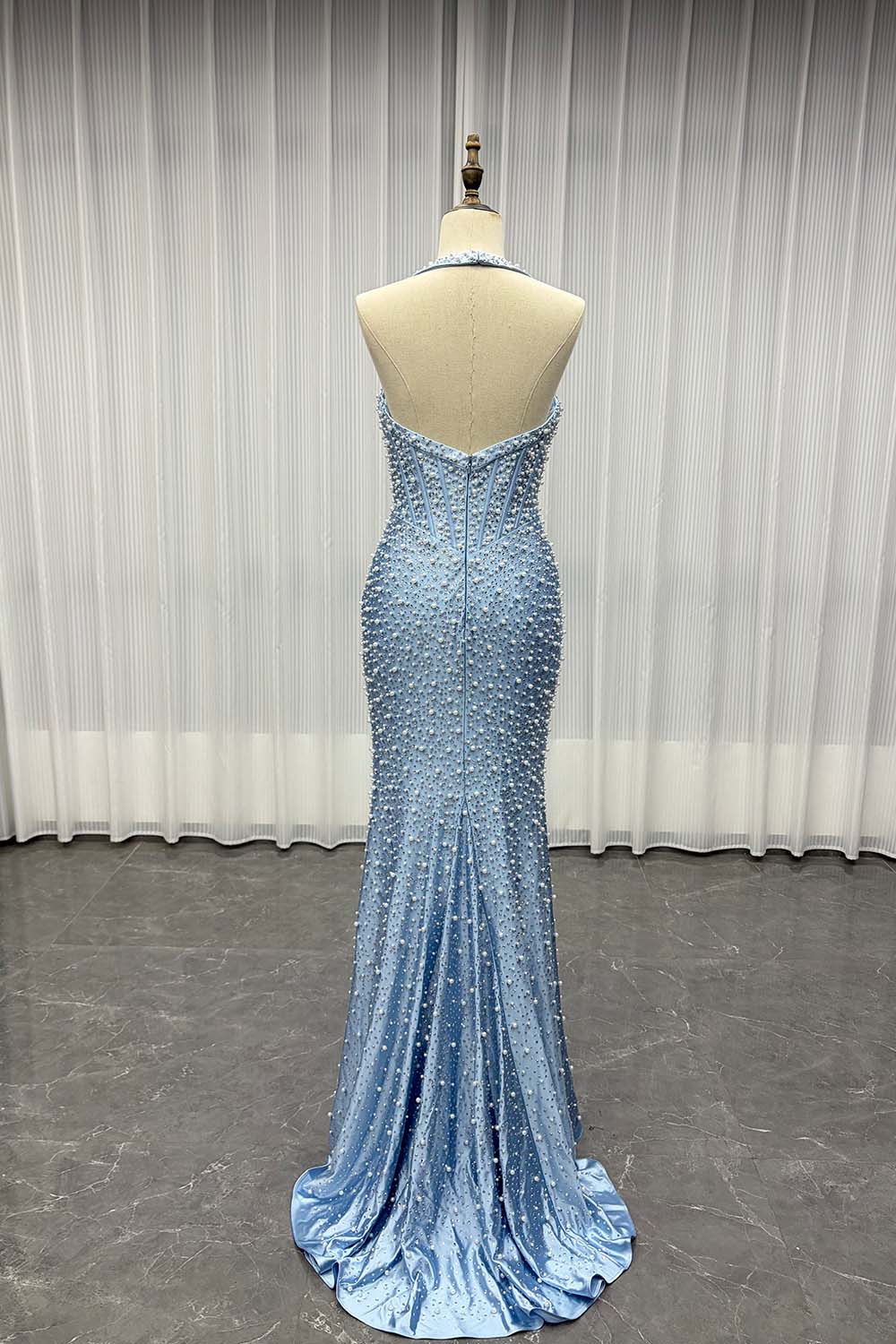 YQLNNE PD13 Sky Blue Crystals Pearls Long Prom Dresses Mermaid