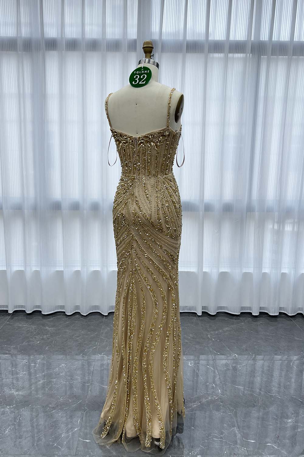 YQLNNE 032 Gold Long Evening Dress Mermaid Handmade Crystals Beaded