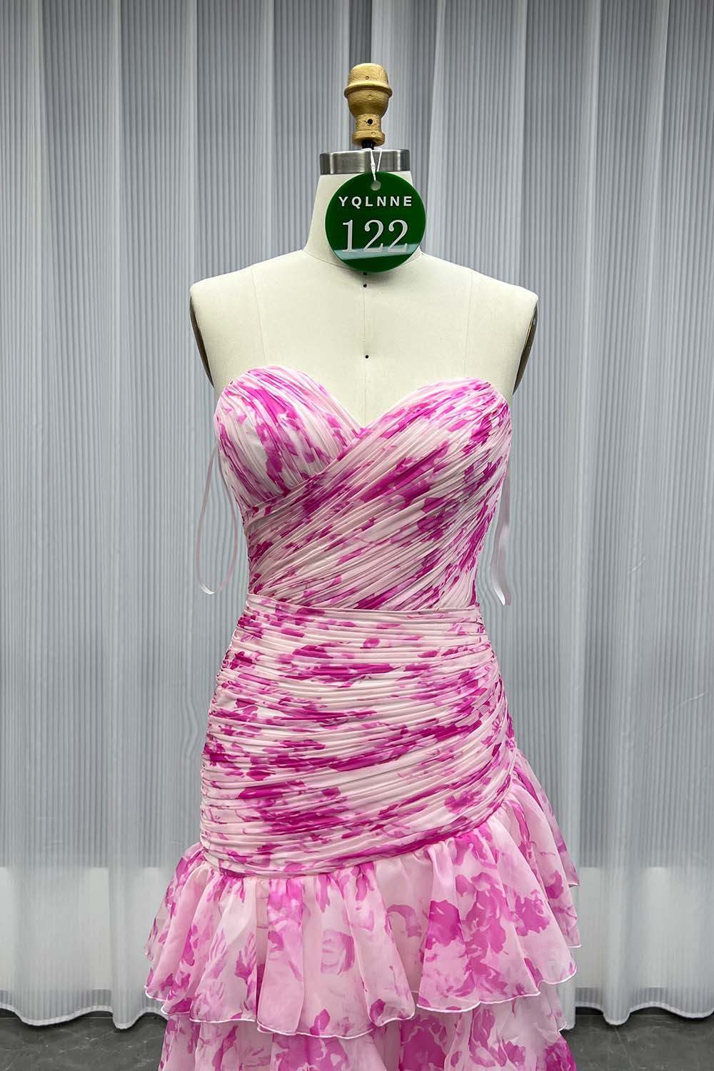 YQLNNE 0122 Pink Print Flowers Long Prom Dress Lace-up
