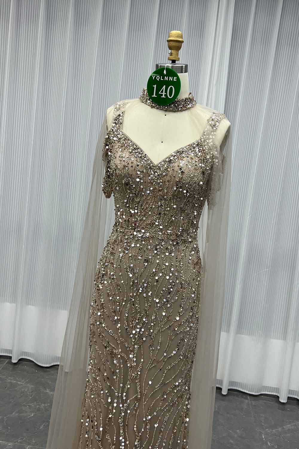 YQLNNE 0140 Nude Off Shoulder Crystals Beaded Evening Dress With Removable Shawl