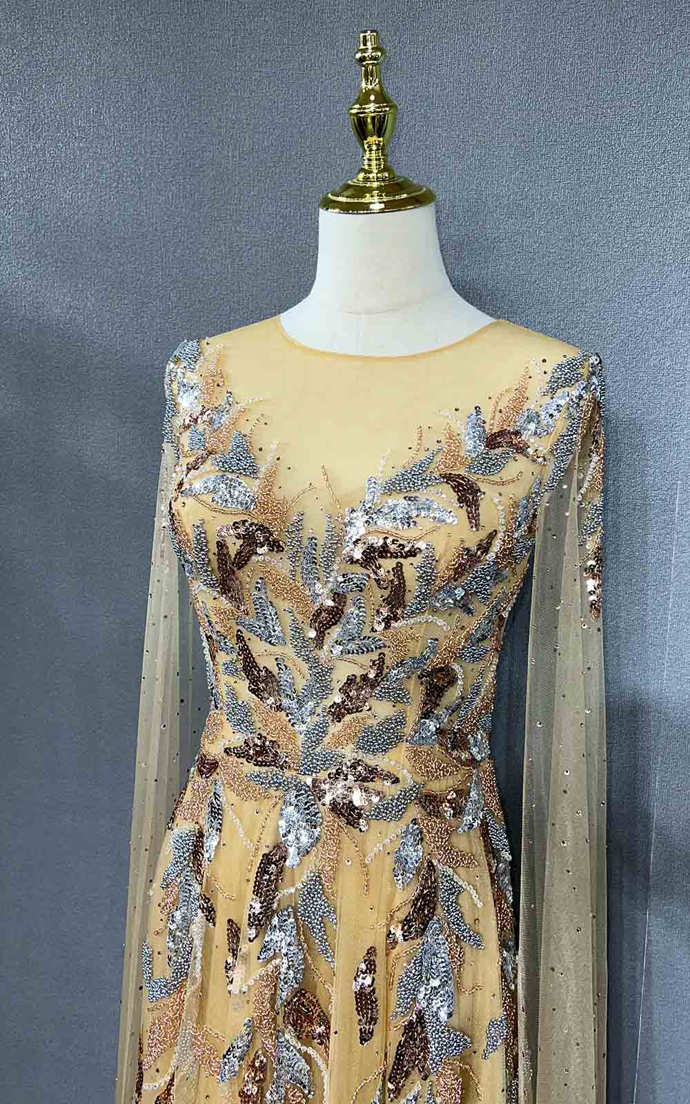 YQLNNE 069 Gold Crystals Beaded Evening Party Gown Handmade