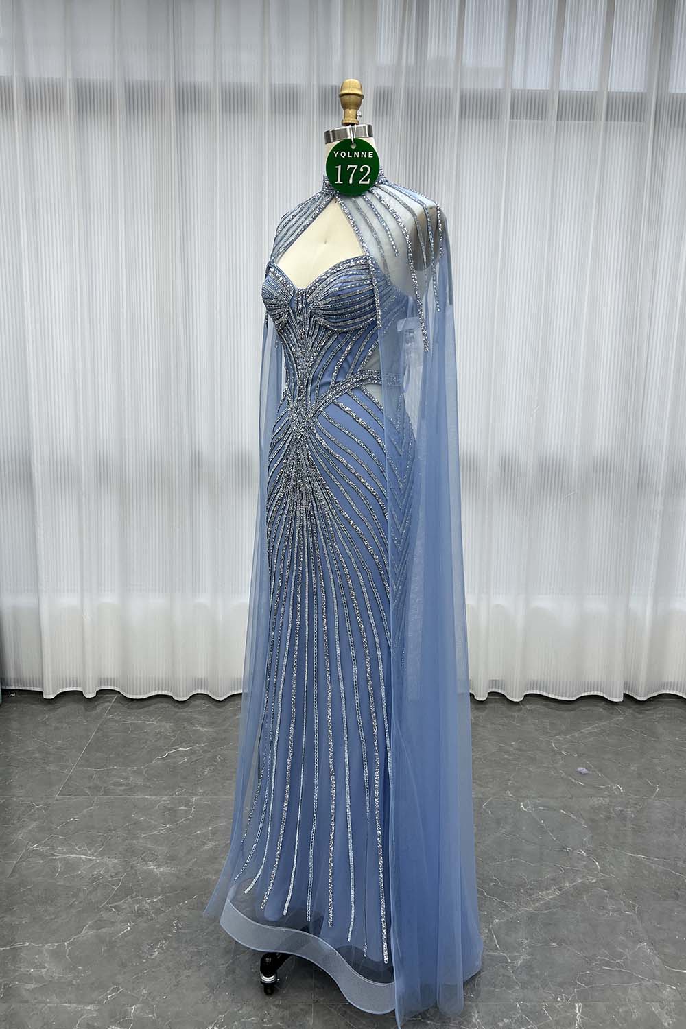 YQLNNE 0172 Blue Crystals Long Evening Dress With Shawl