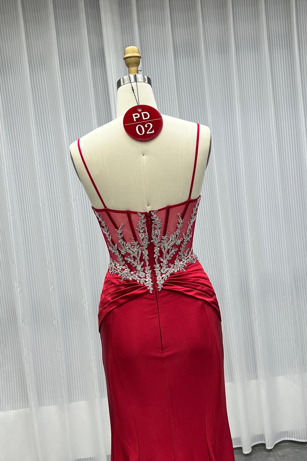 YQLNNE PD02 Red Satin Spaghetti Long Prom Dresses Mermaid