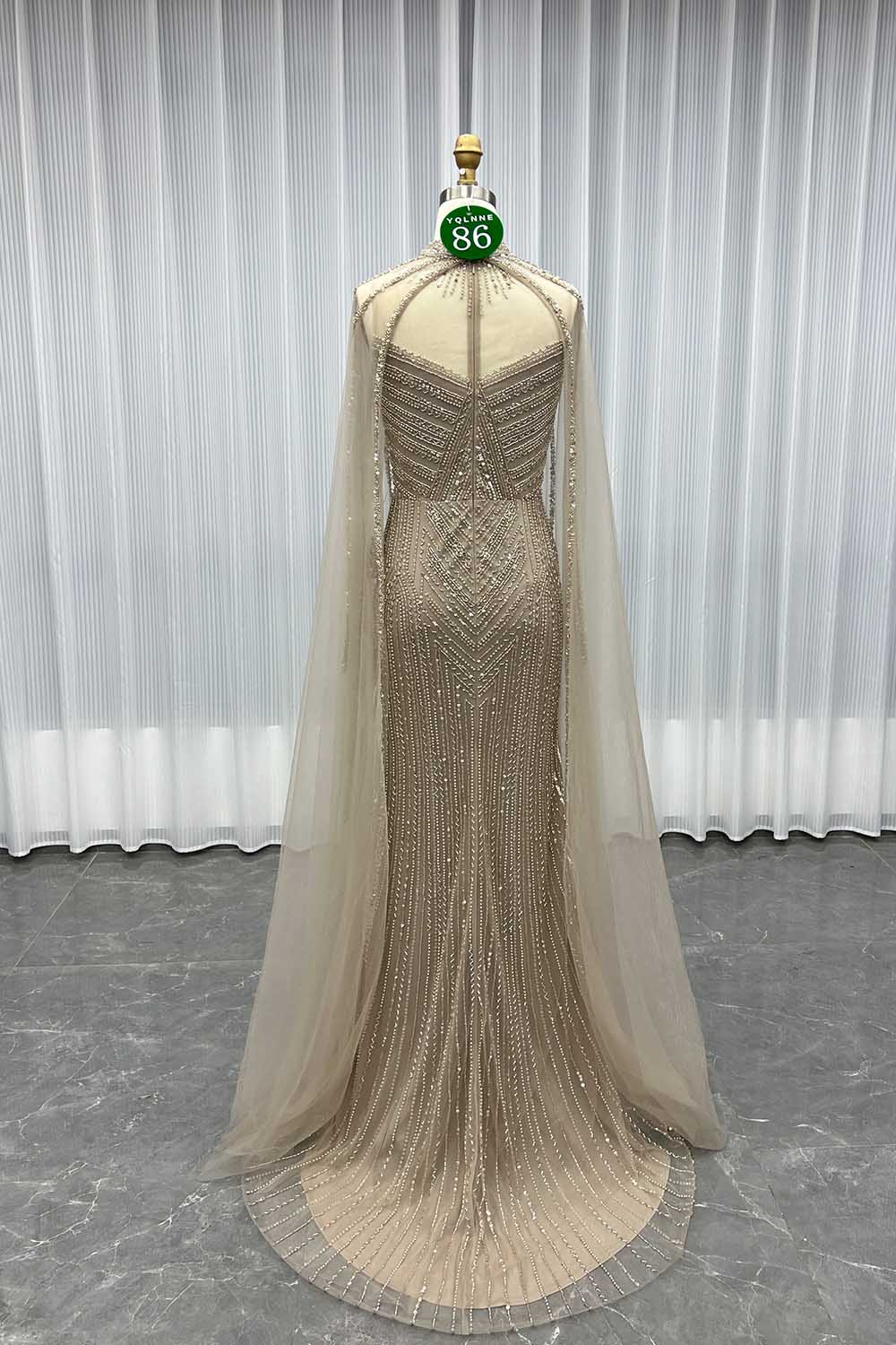 YQLNNE 086 Nude Crystals Beaded Evening Dress Women Party Gown With Shawl