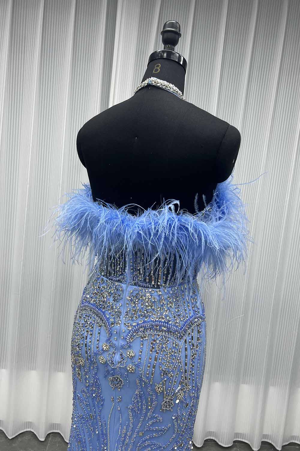 YQLNNE 044 Luxury Nude Feathers Crystals Evening Dress Long Mermaid Pageant Party Gown