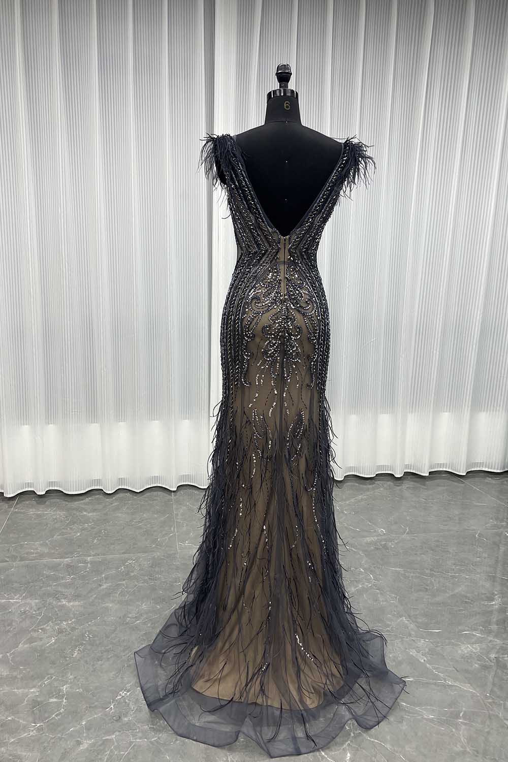 YQLNNE 034 Dark Gray Feathers Crystals Evening Dress Mermaid Pageant Gown